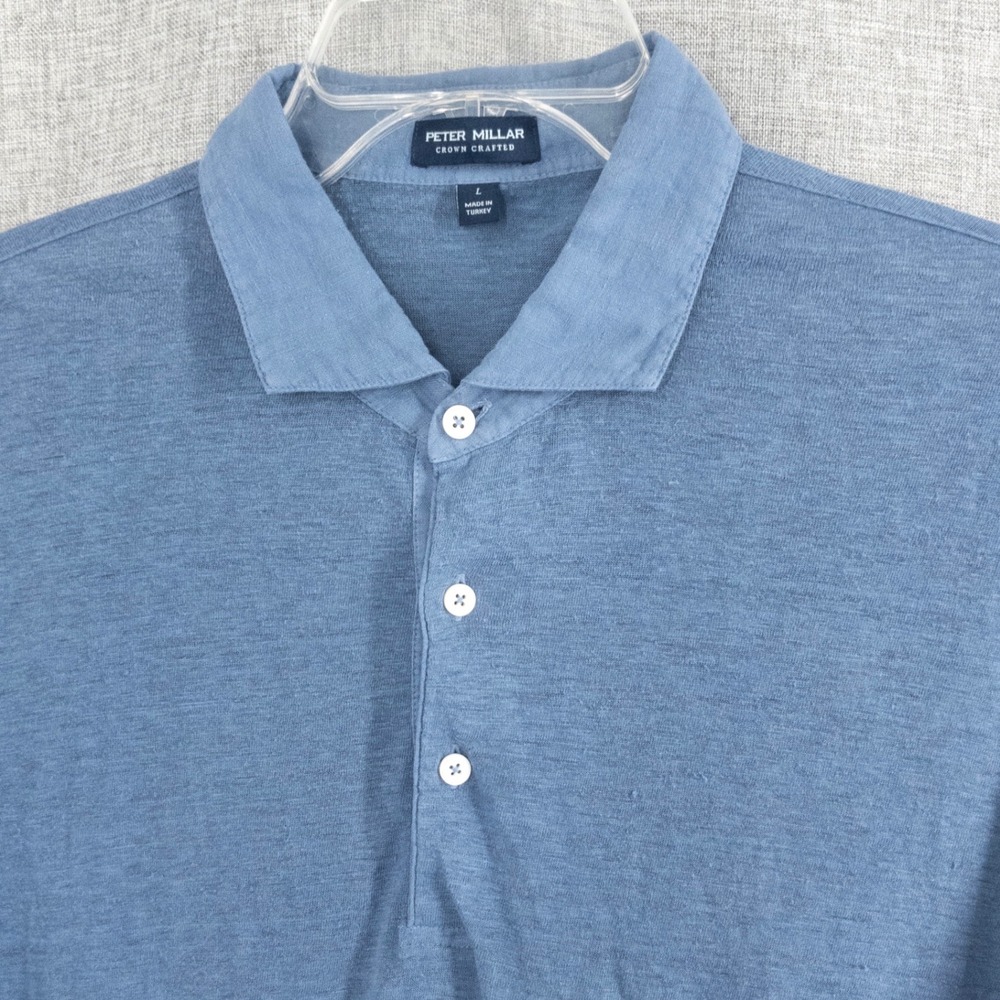 Peter Millar Crown Crafted Men's Large Greystone 100% Linen Polo Blue Golf